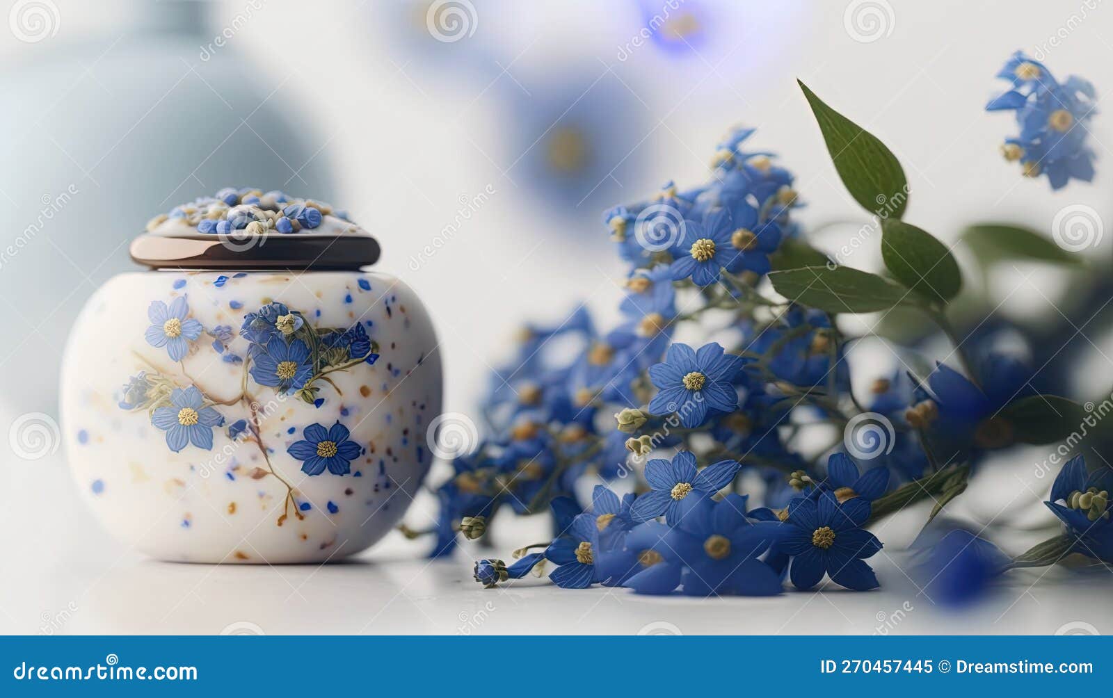 A White Vase with Blue Flowers and a Blue Vase Behind it. Stock
