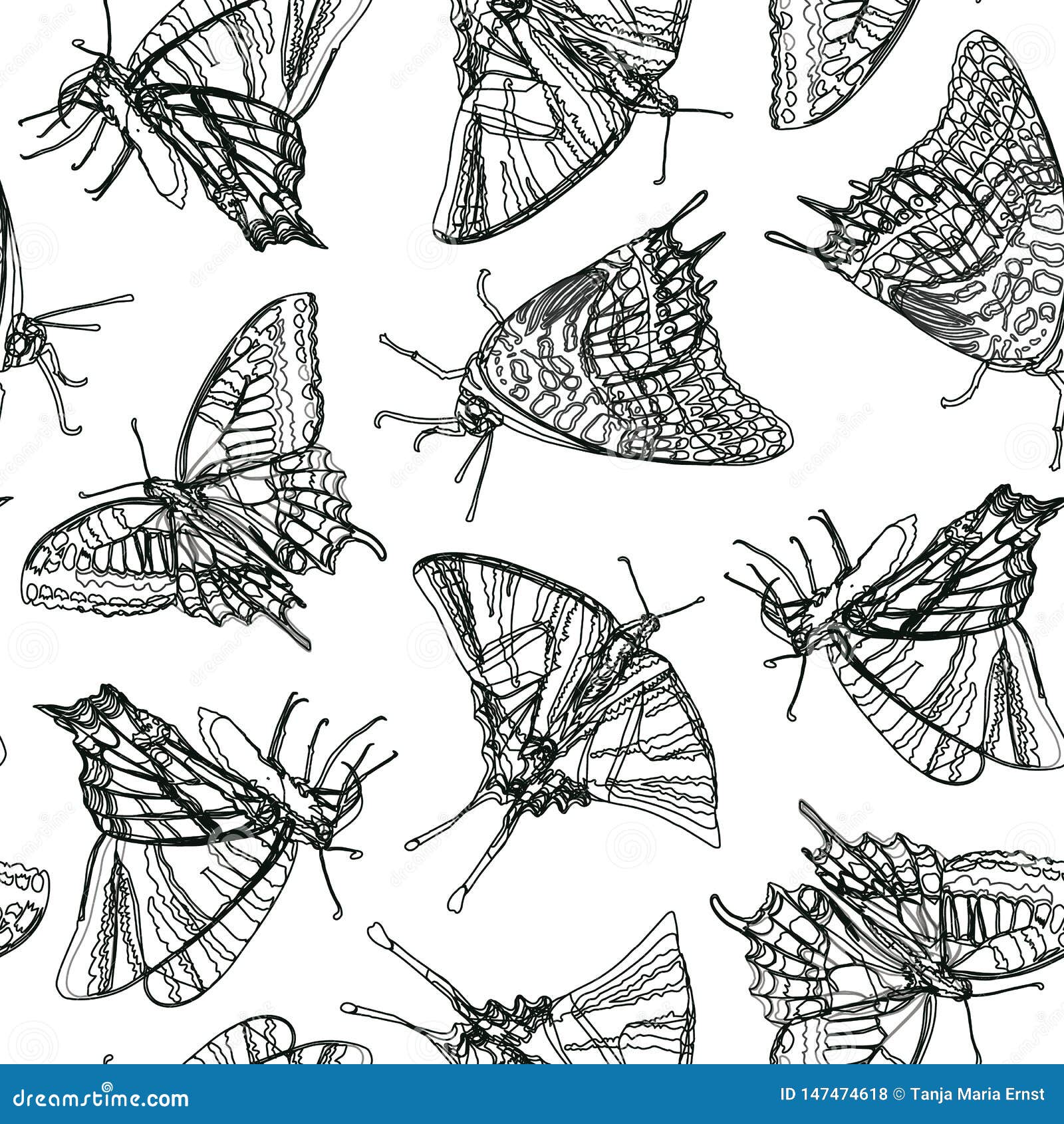 white pattern with black butterfly