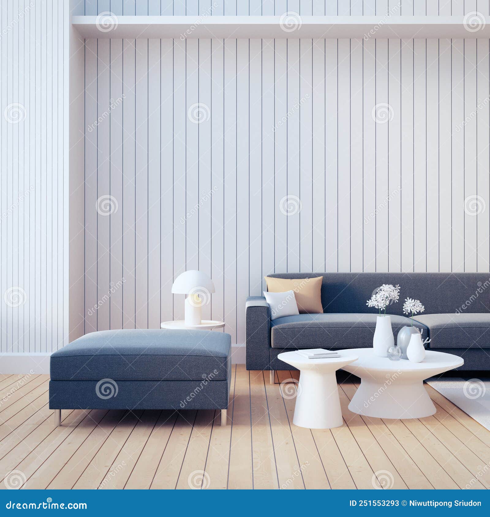 White Wall and Gray Sofa Living Room Modern Interior 3D Rendering