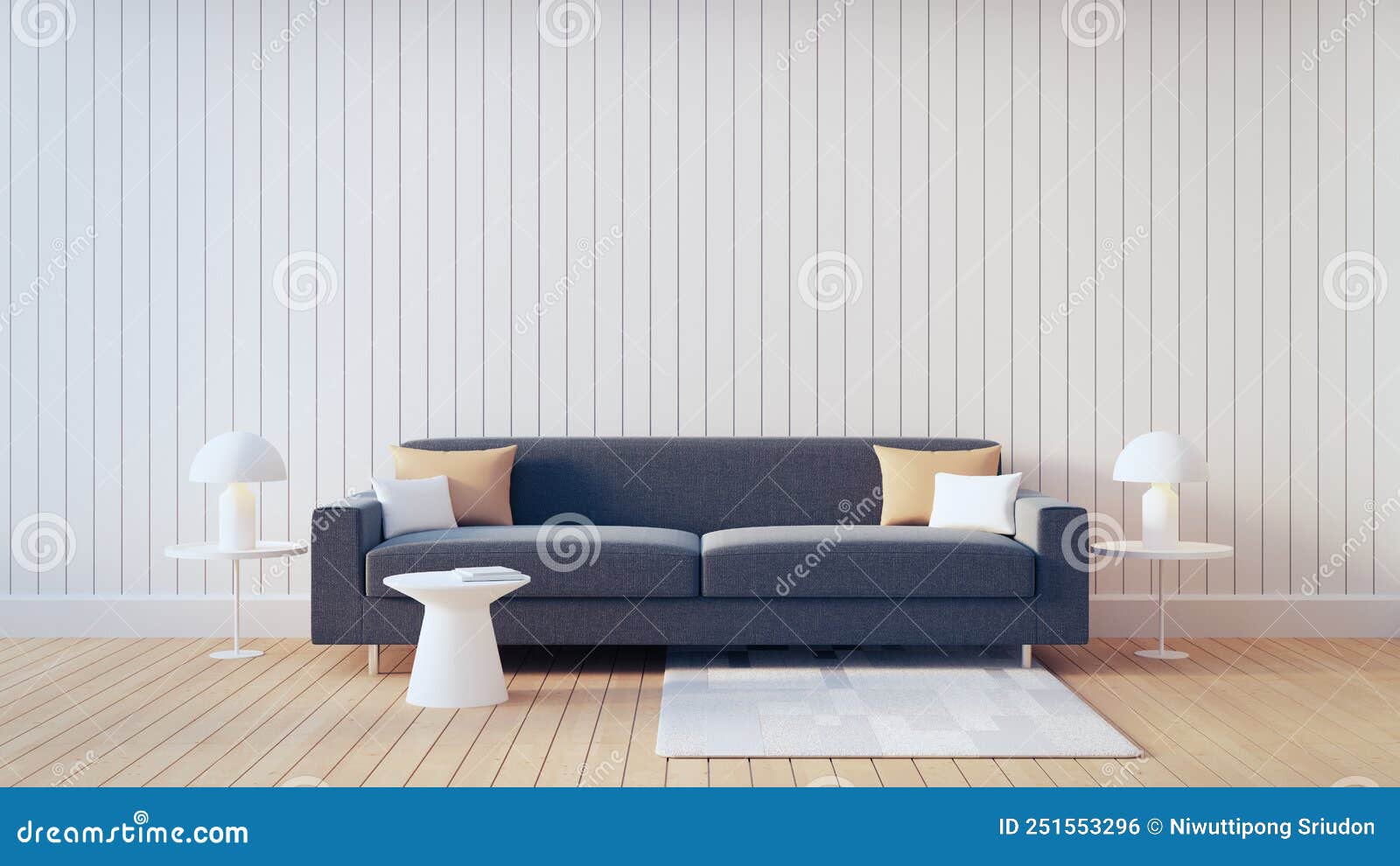 White Wall and Gray Sofa Living Room Modern Interior 3D Rendering
