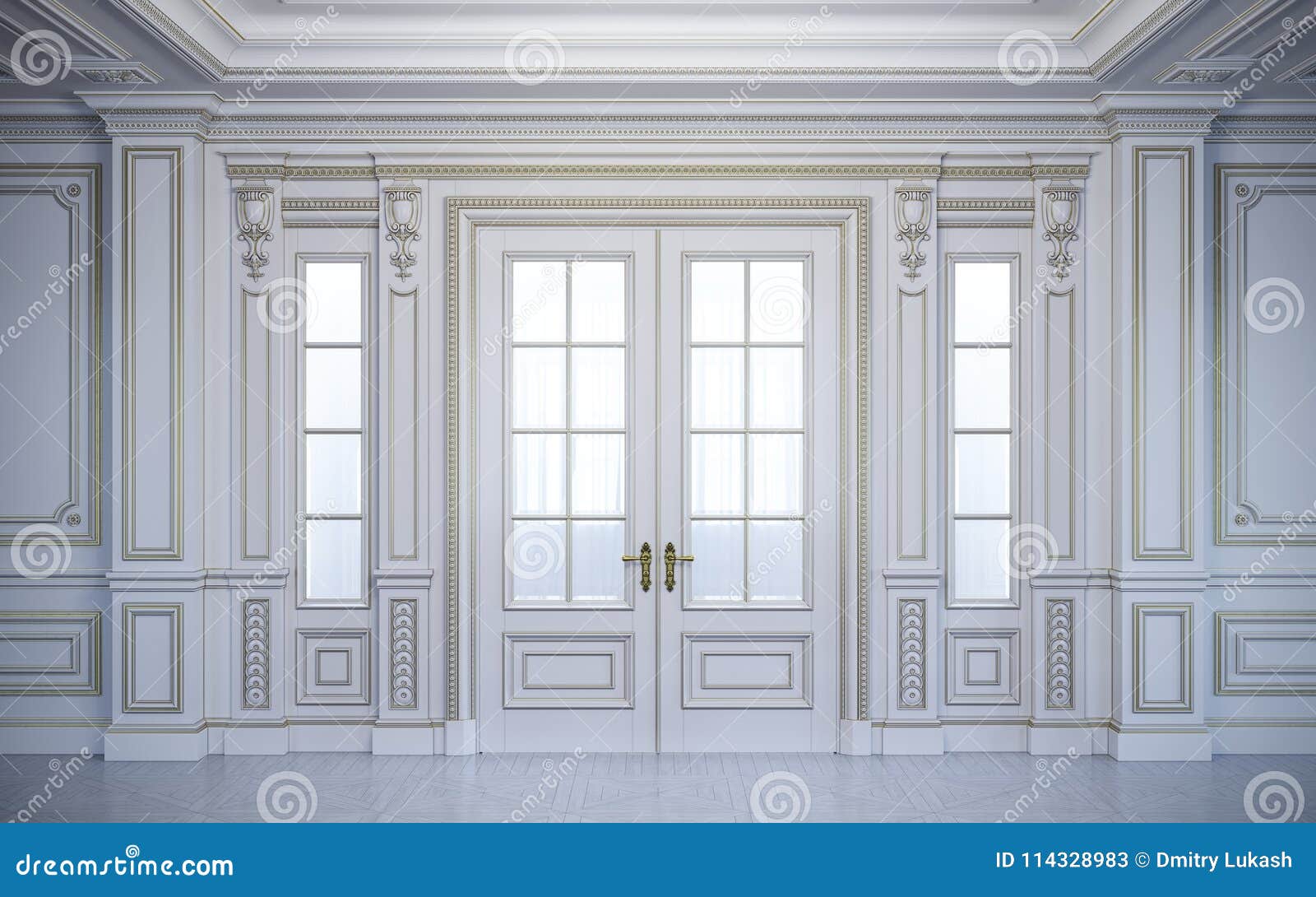 white wall panels in classical style with gilding. 3d rendering