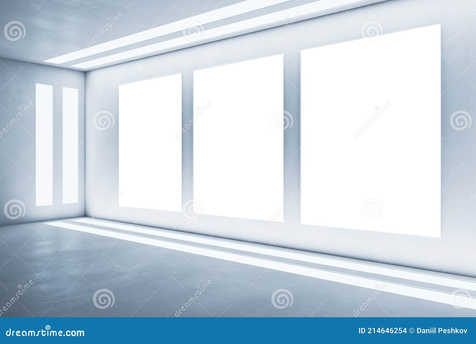 White Wall with Three Blank White Frames, Empty Room, Artificially Lit ...