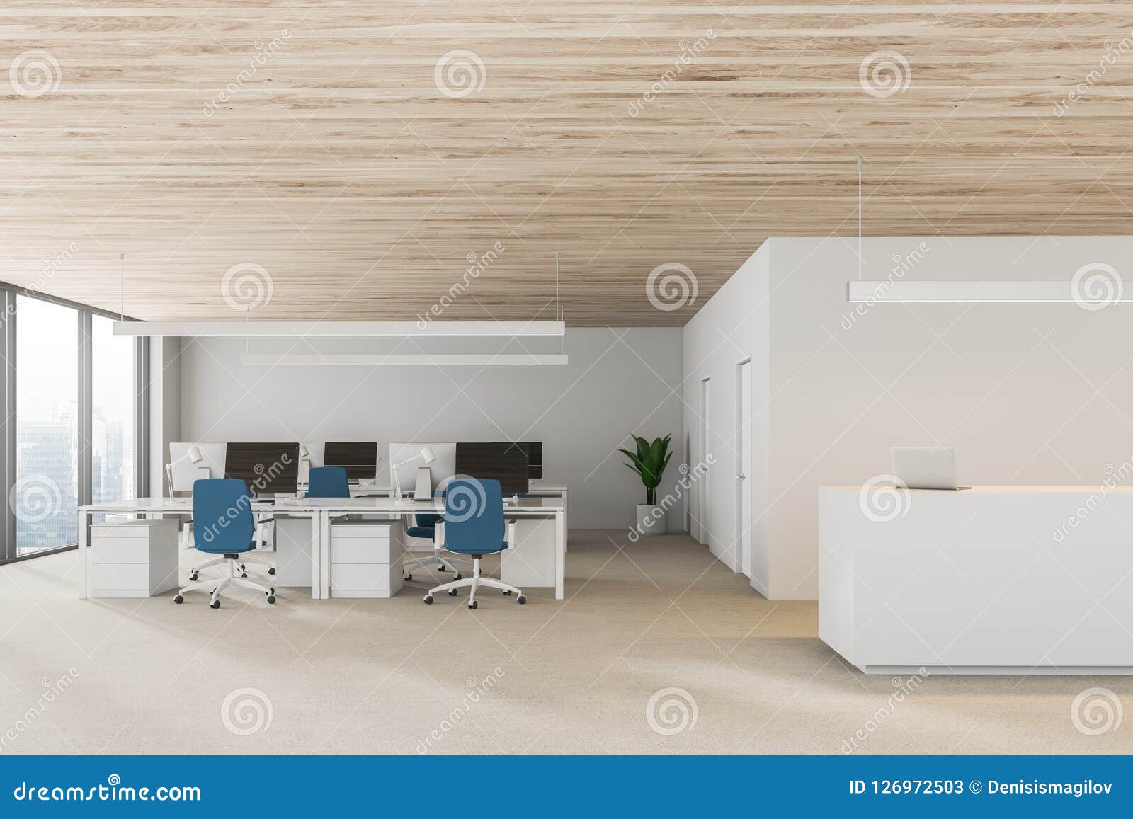 Wood Ceiling Open Space Office Interior Reception Stock