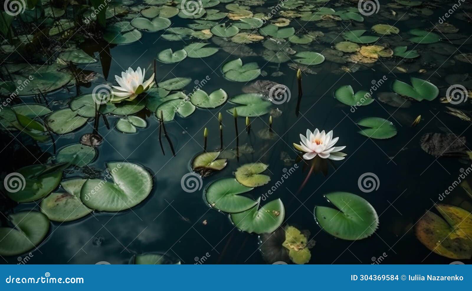 White Water Lilies in a Muddy Pond. AI Generated Stock Photo Image of