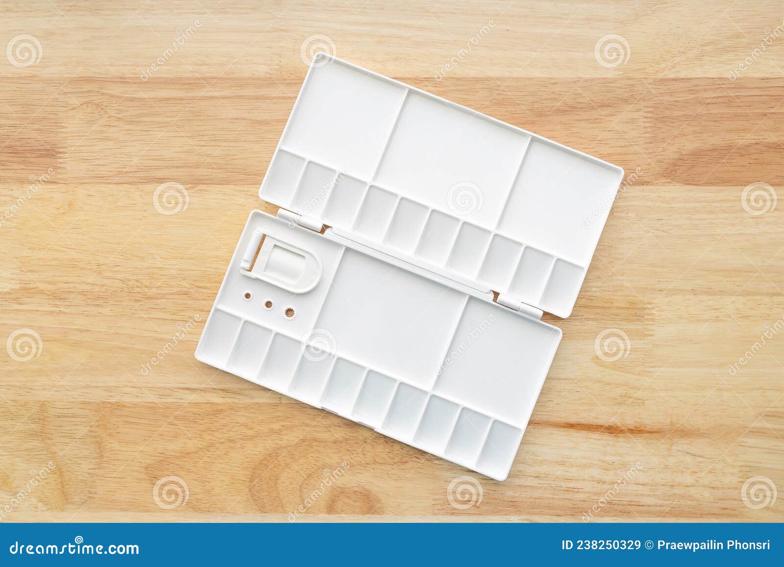 White Watercolor Palette. Empty Watercolor Tray Isolated on Wood