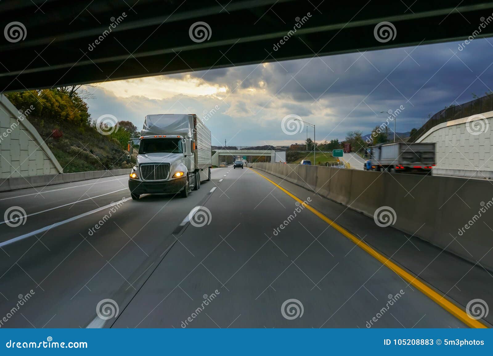 white 18 wheeler semi truck and overpass