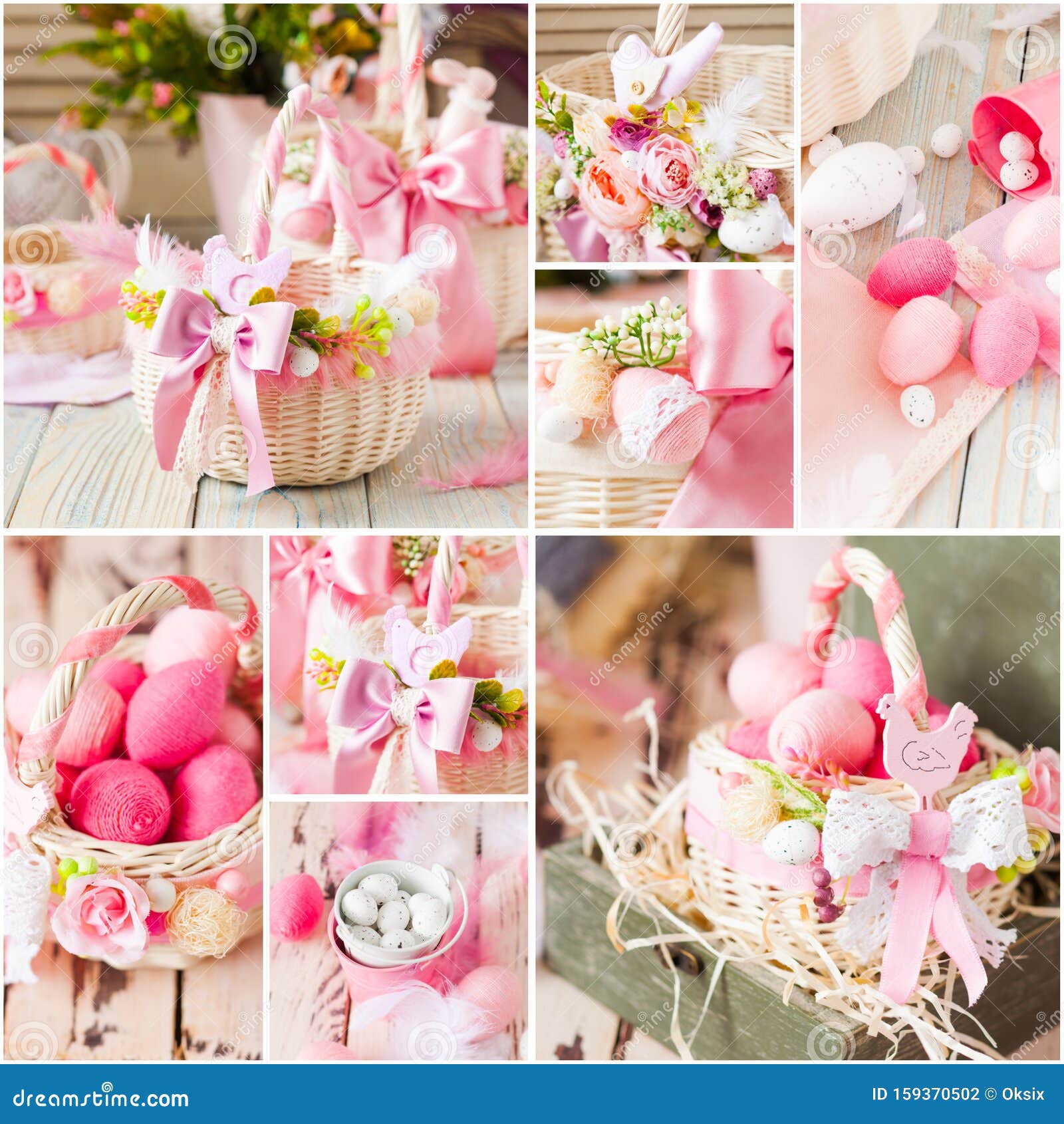 White Wicker Easter Basket with Handmade Decorations Stock Photo
