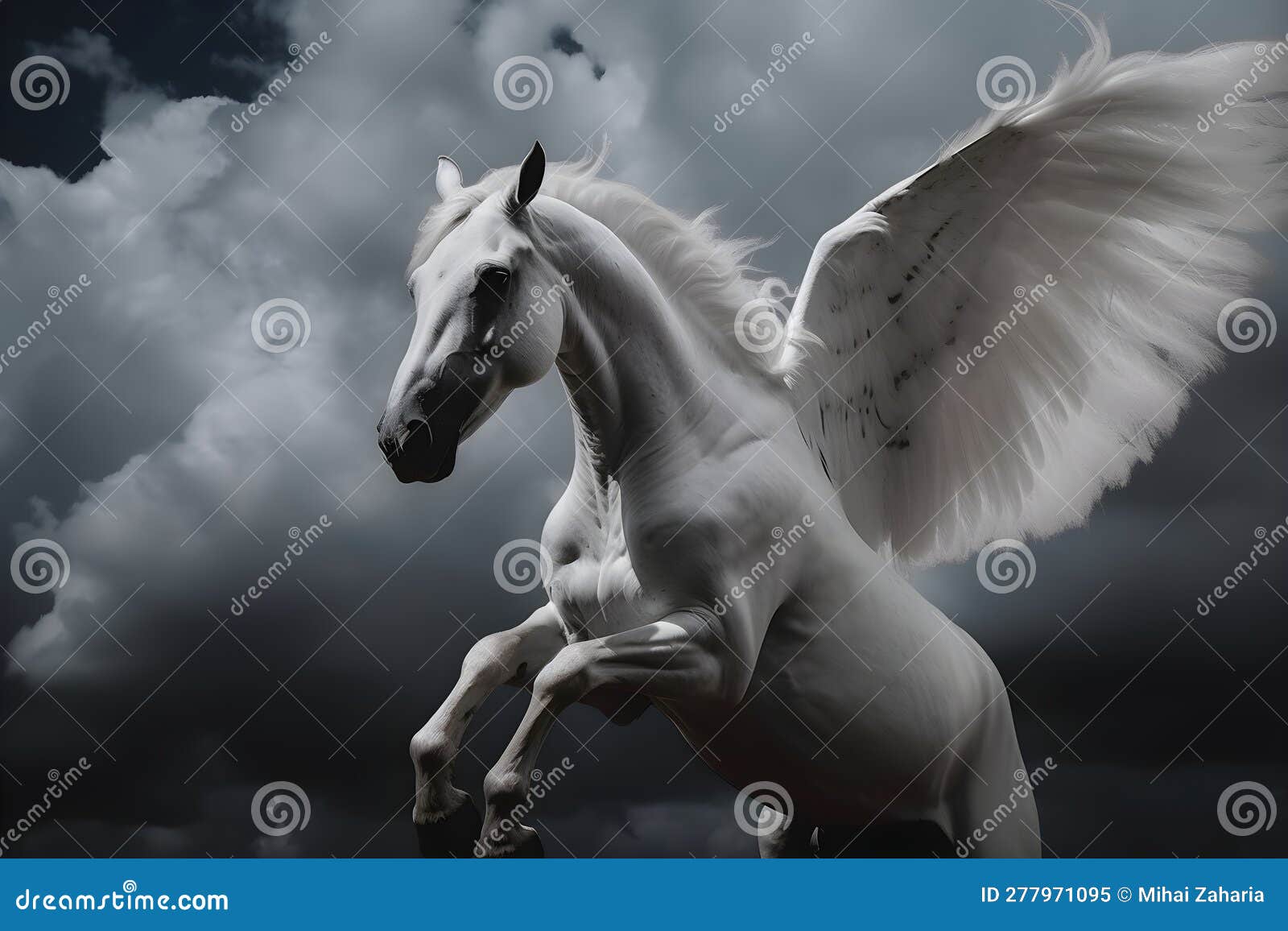 A White Winged Horse, Flying in the Clouds. Generative AI Stock