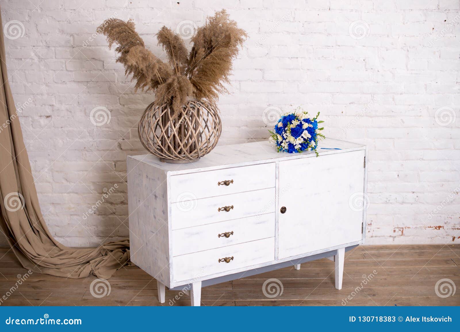 White Wood Bedside Table Dresser In Bedroom Bridal Bouquet On