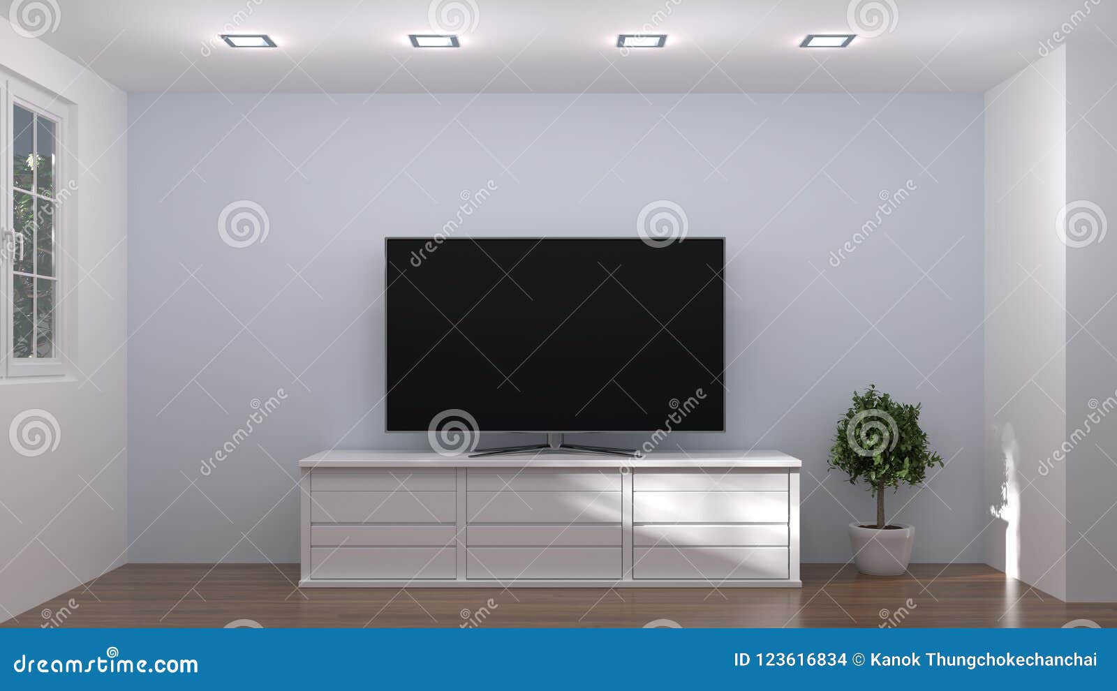 White Wood Modern Tv Cabinet In Empty Room Interior Background 3d