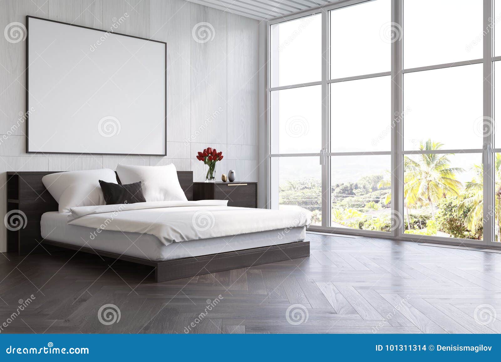 White Wooden Bedroom With A Poster Side Stock Illustration