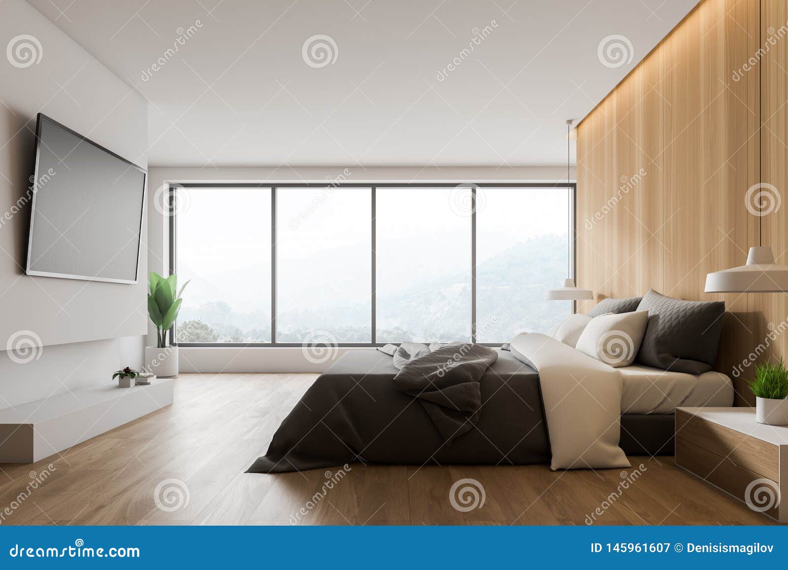 White And Wooden Bedroom With TV Stock Illustration 