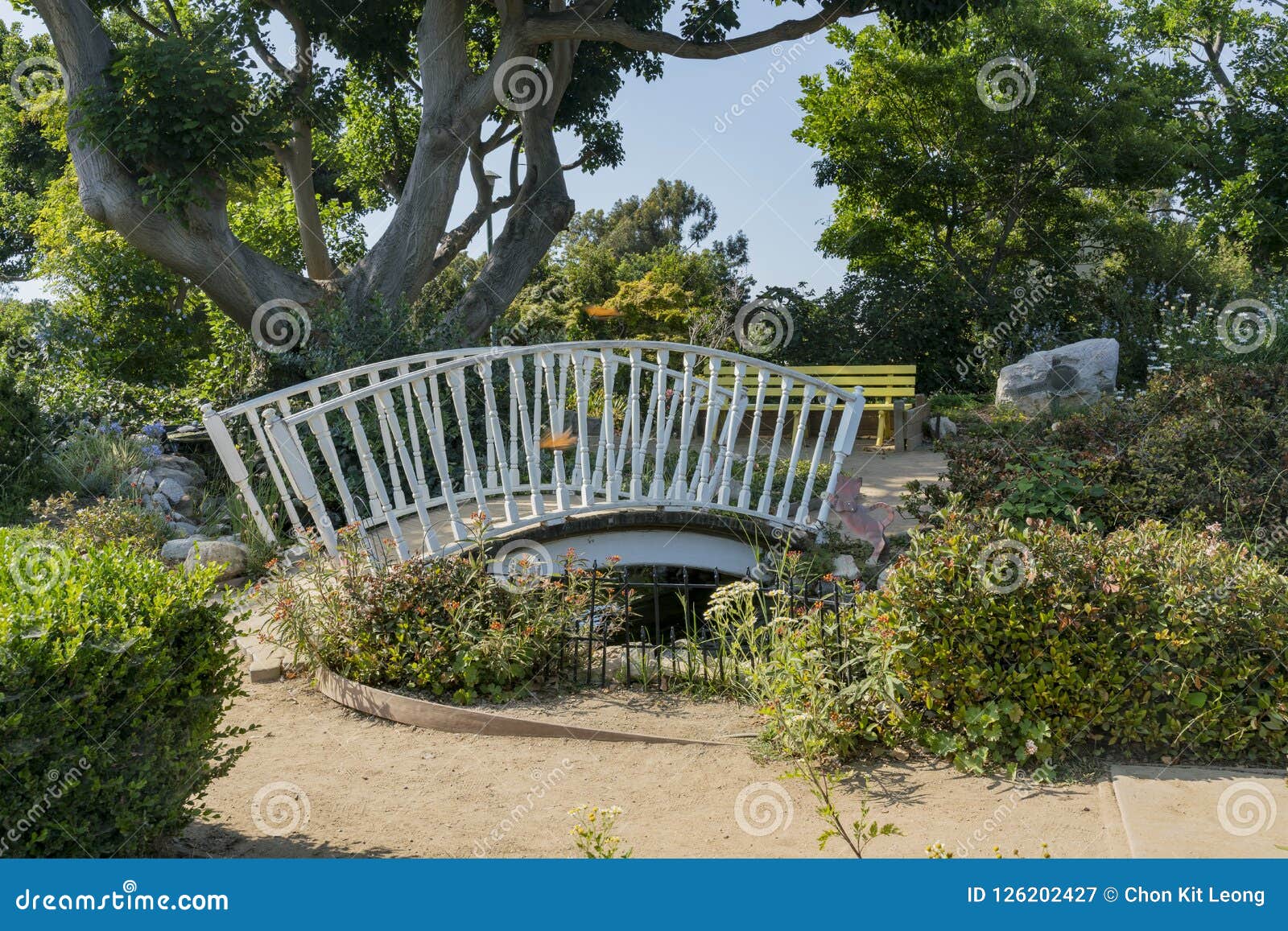 White Wooden Bridge Decoration In South Coast Botanic Garden Stock