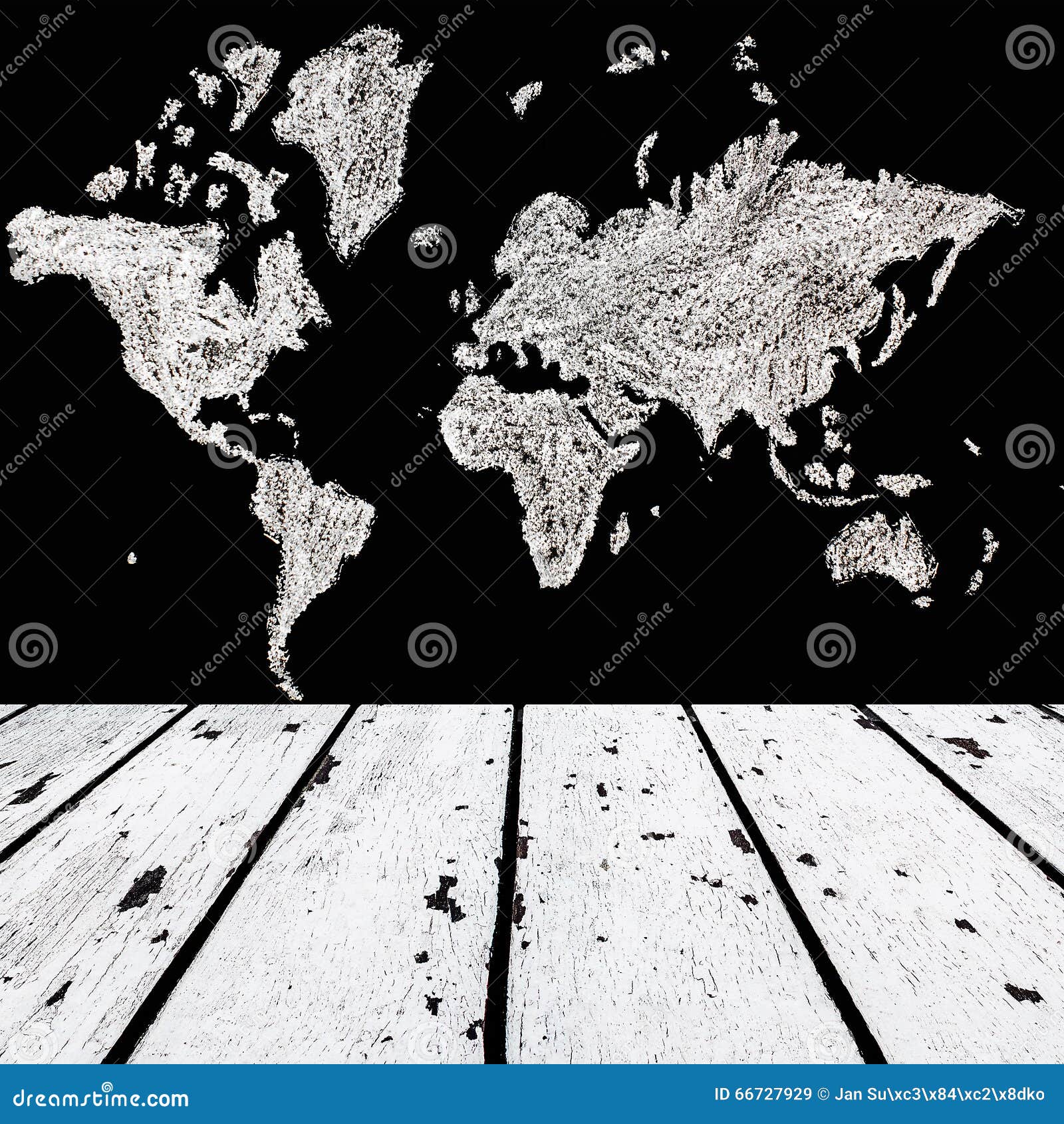 White Wooden Floor And Map Of The World On Black Chalk Board Fro Stock