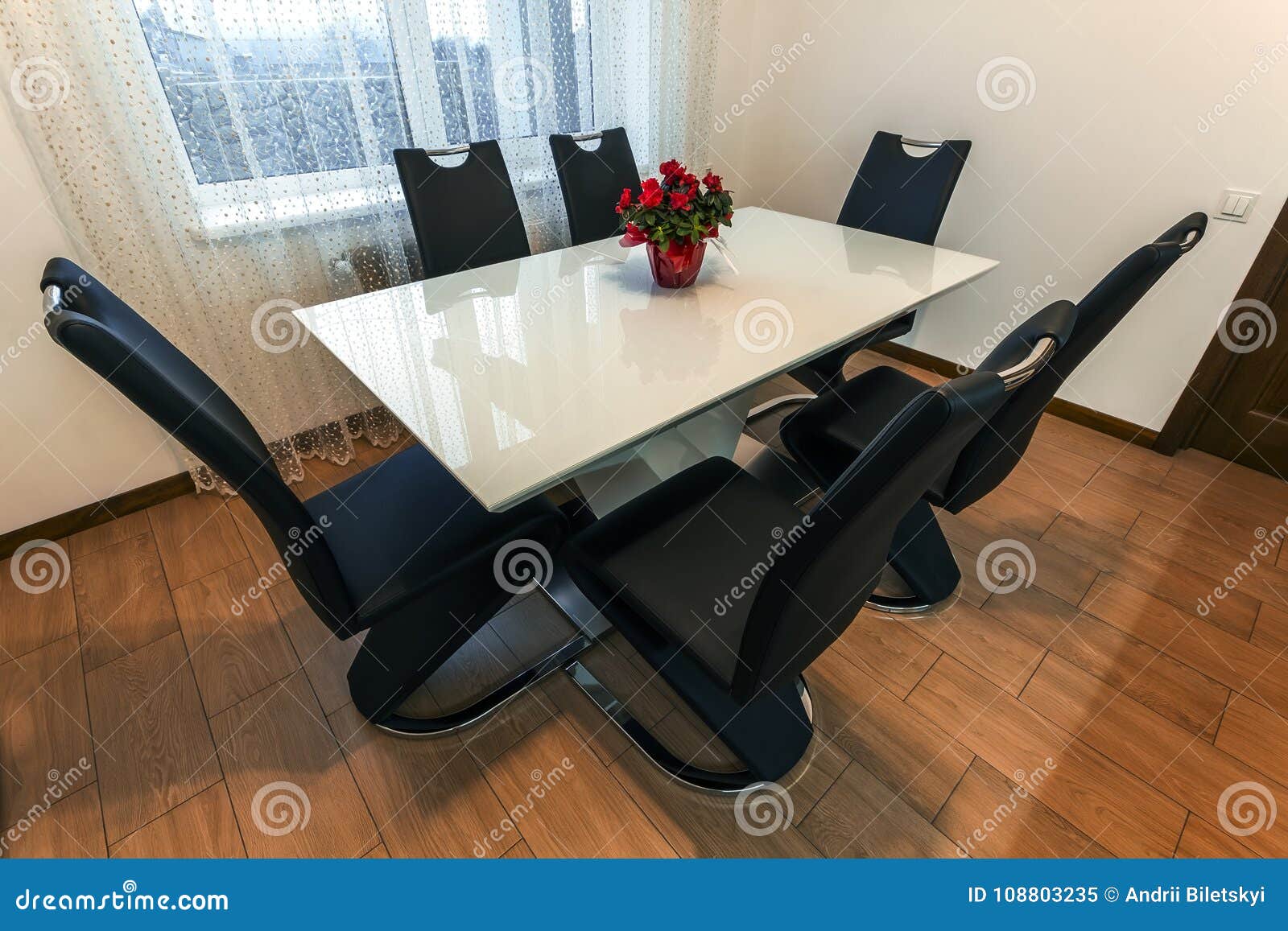 White Wooden and Glass Round Dining Table with Six Chairs. Modern Design, Dining Table and