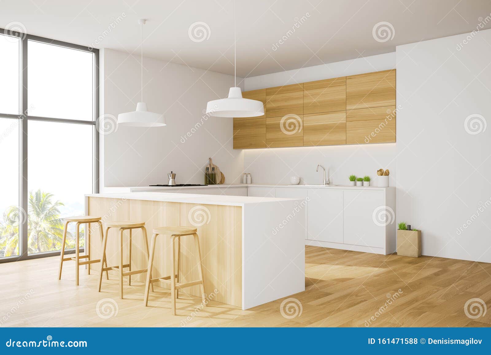 White And Wooden Kitchen Corner With Bar Stock Illustration