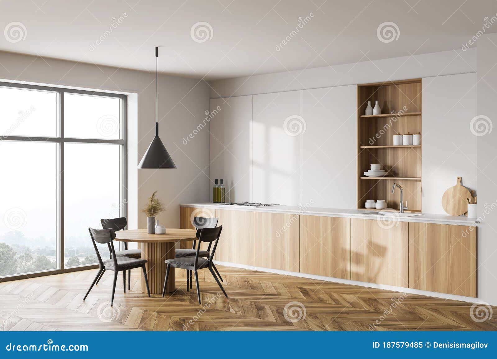 White And Wooden Kitchen Corner With Dining Table Stock Illustration Illustration Of Neat
