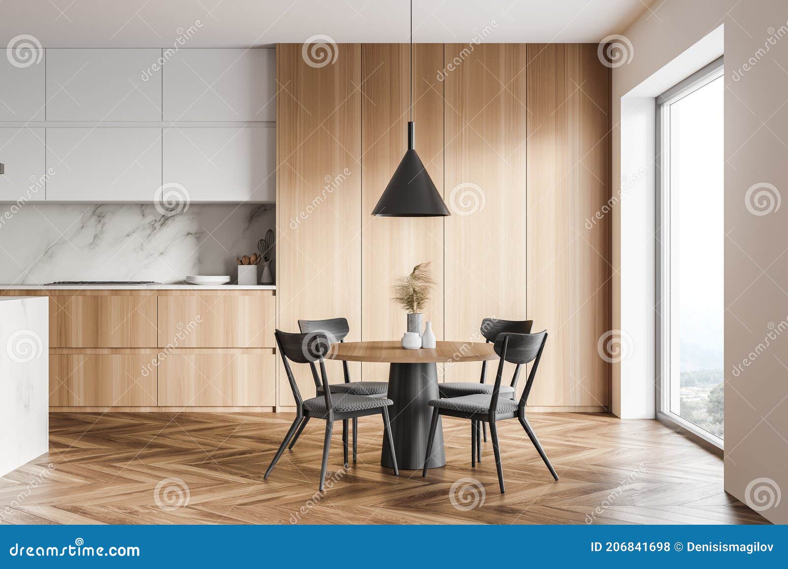White and Wooden Kitchen with Table Stock Illustration Illustration