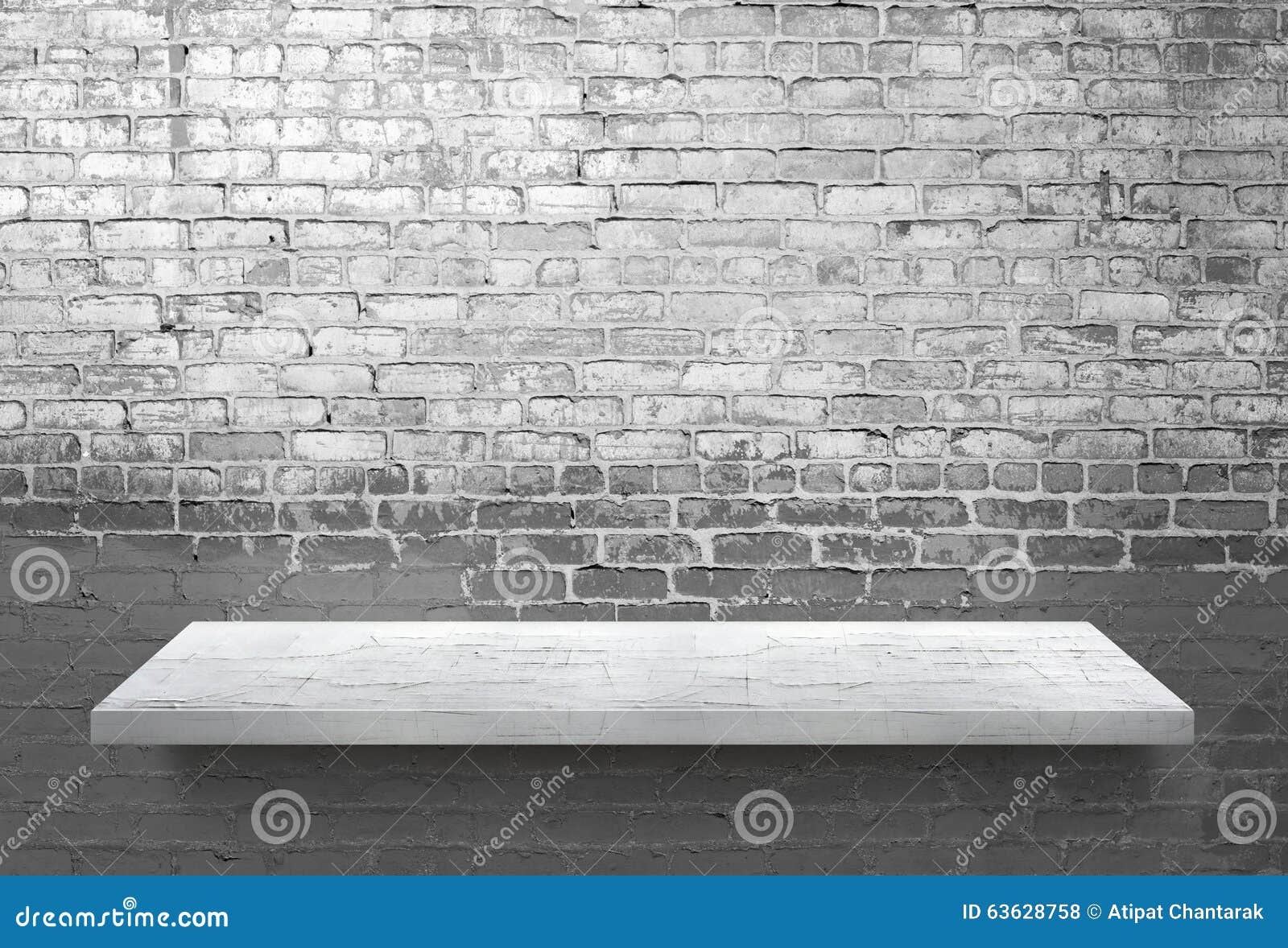 White Wooden Shelf on White Brick Wall Stock Photo Image of grain, template 63628758