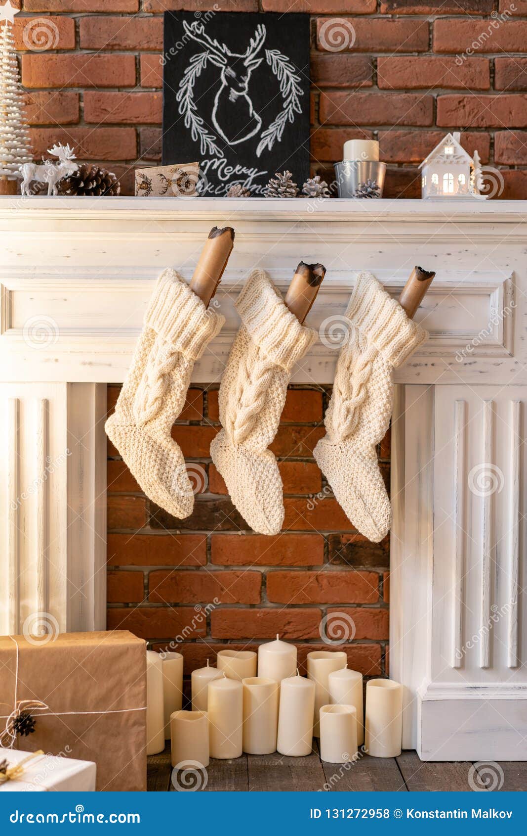 White Wool Socks for Santa on the Fireplace. Loft Apartments, Brick ...