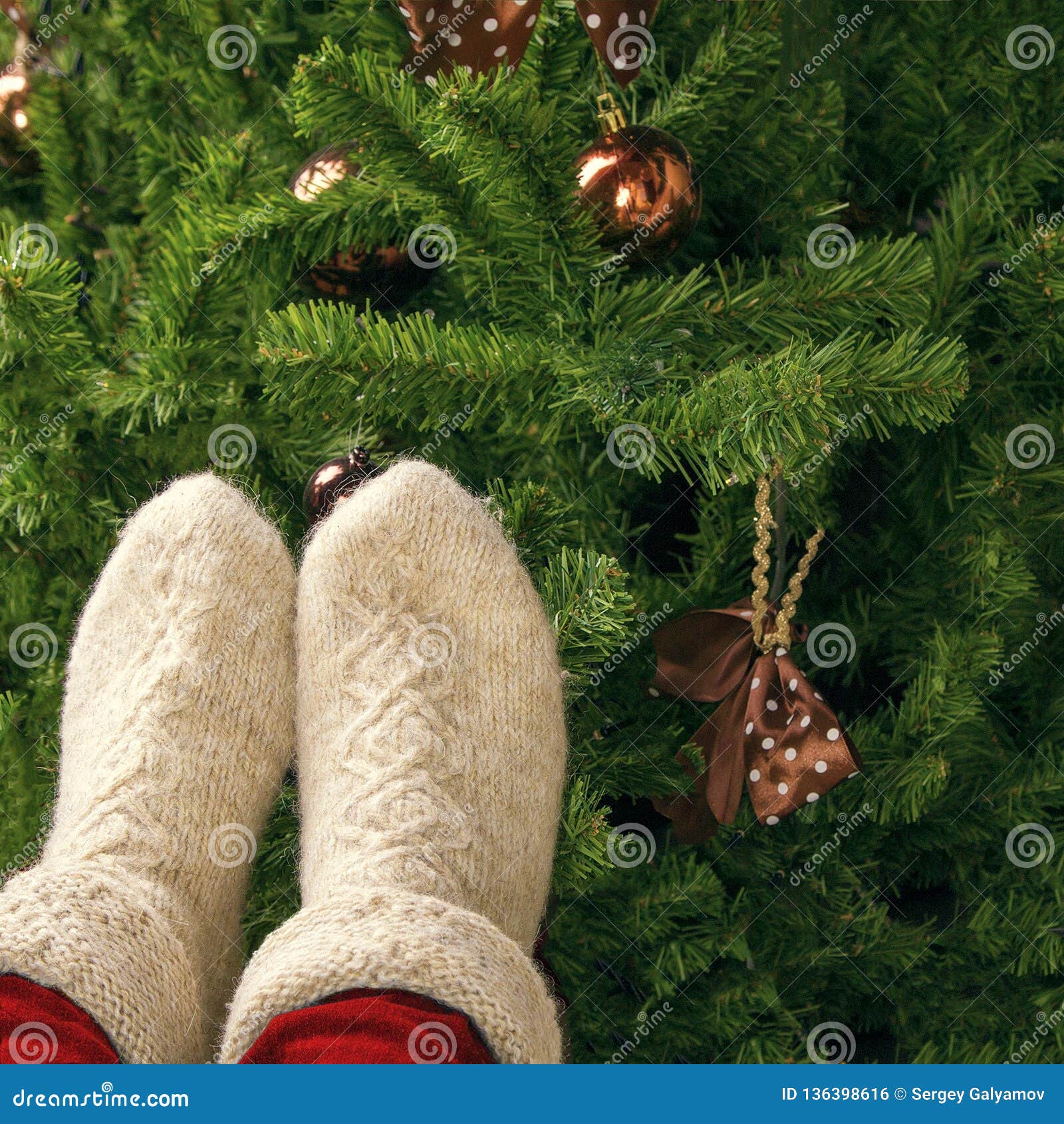 White Woolen Socks on the Christmas Tree Stock Photo - Image of warm ...