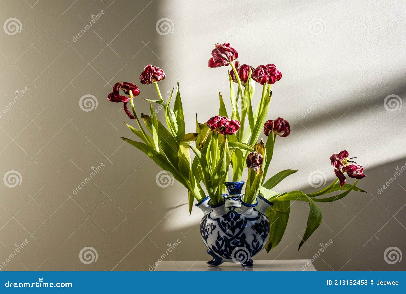 whitered red tulips in a delft blue and white dutch vase