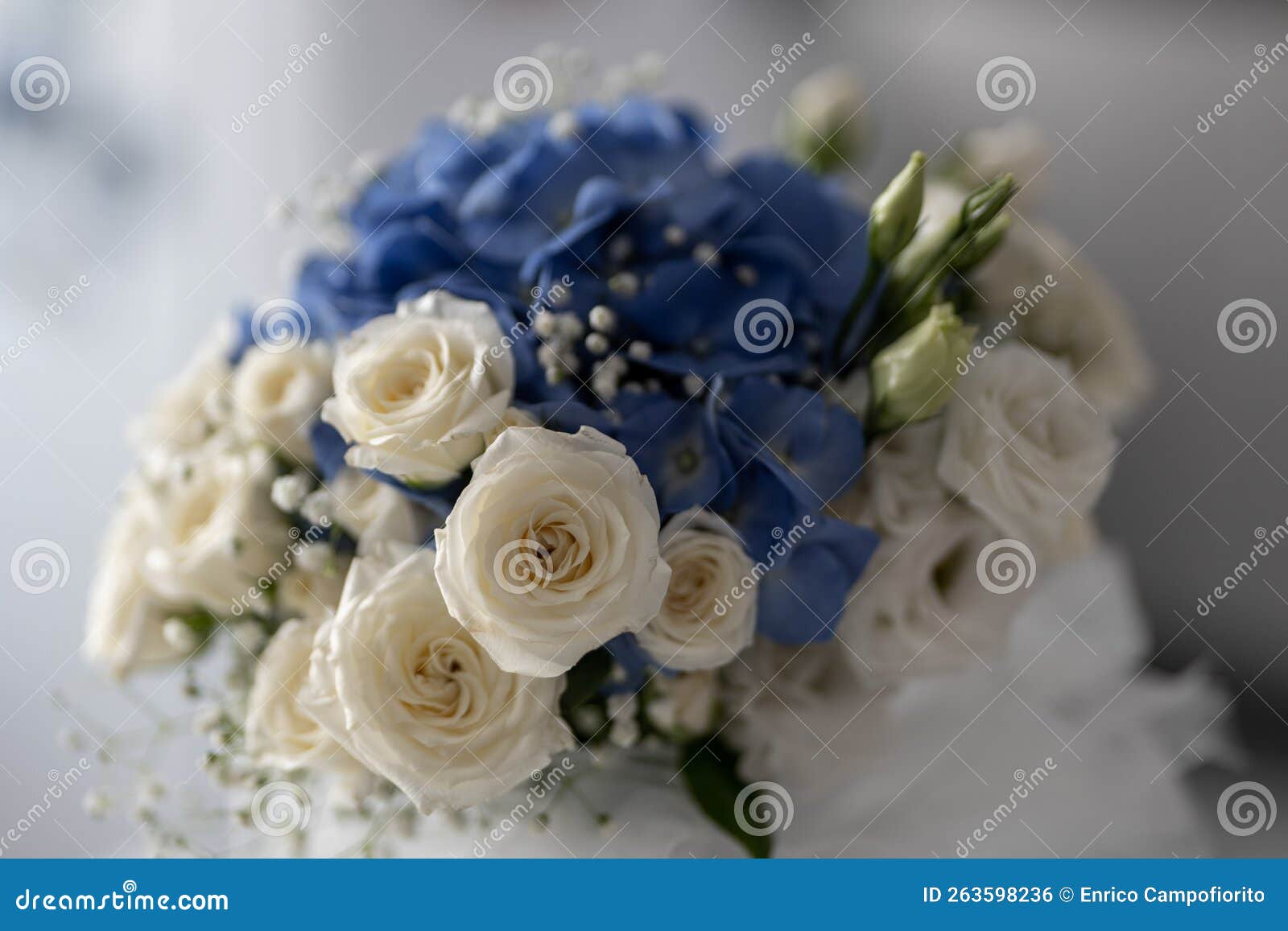 whites roses and blue orthensia wedding bouquet close-up