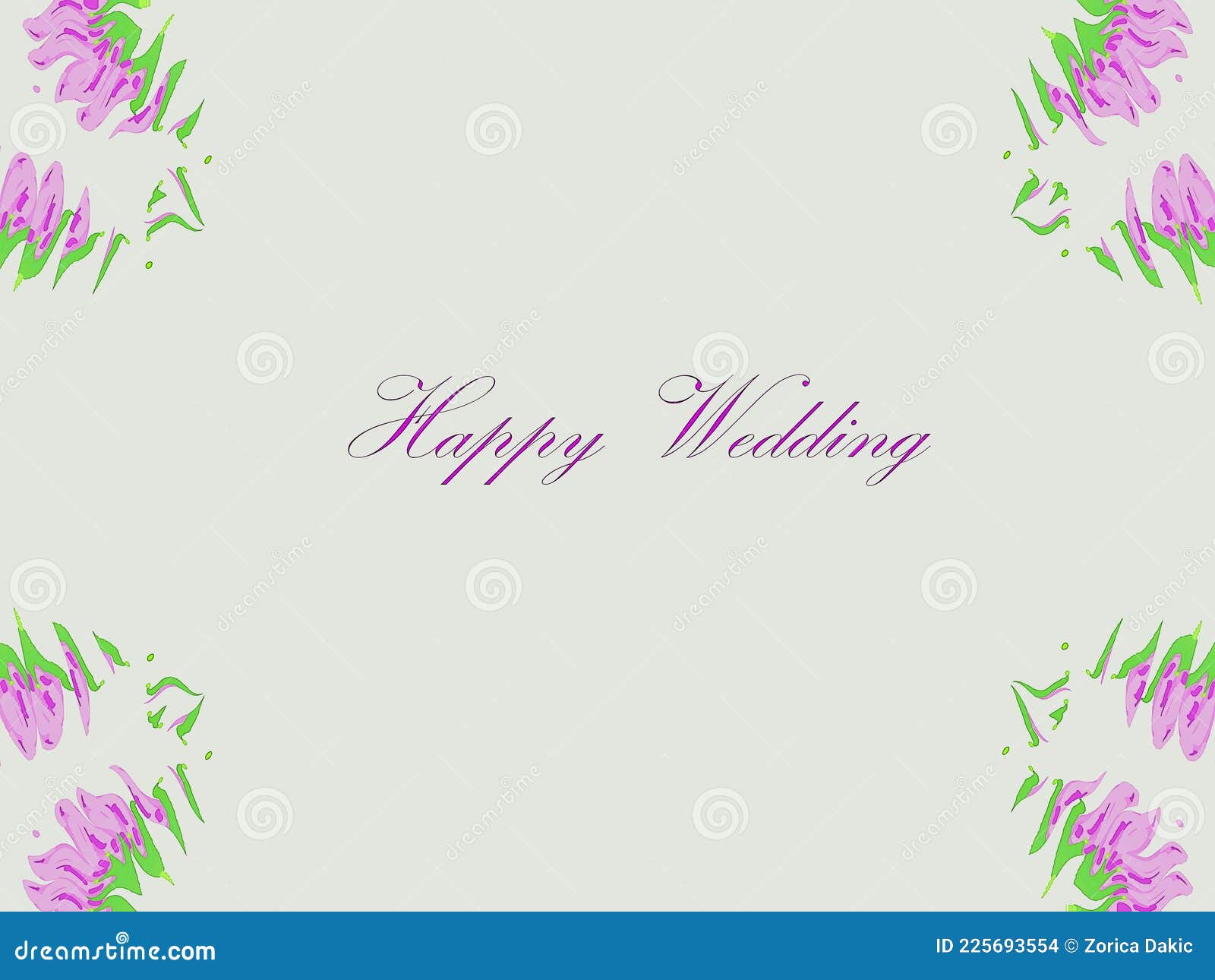 whitish card with floral decor in the corners with textual wedding greeting