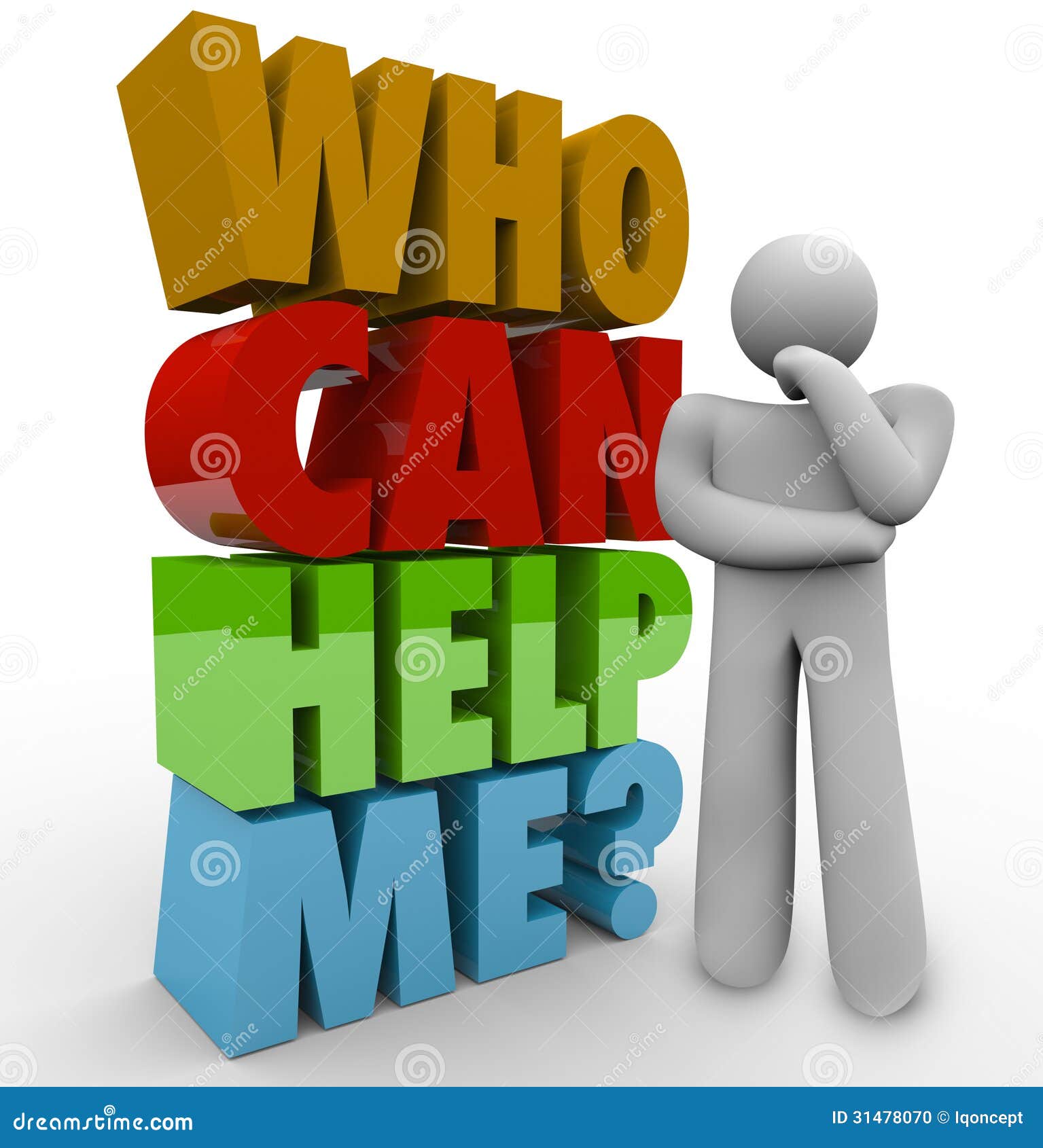 Who can help me thinker man needing customer support stock illustration