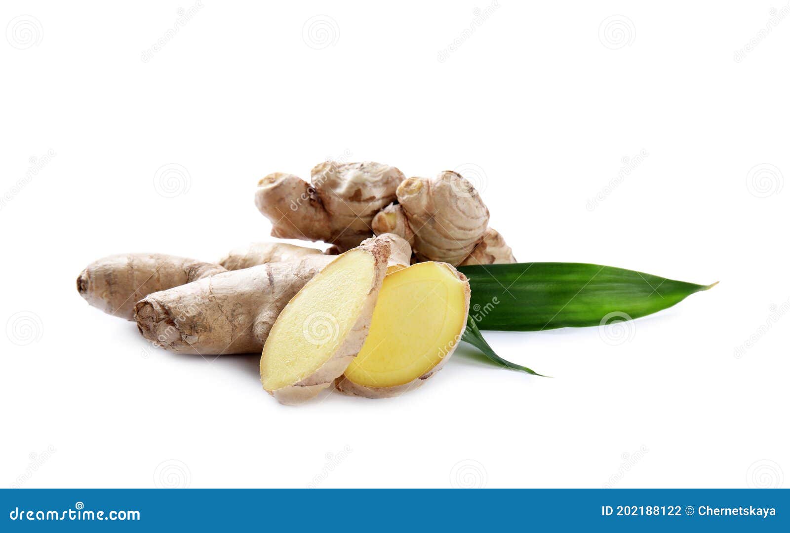 Whole and Cut Fresh Ginger with Leaves Isolated on White Stock Photo
