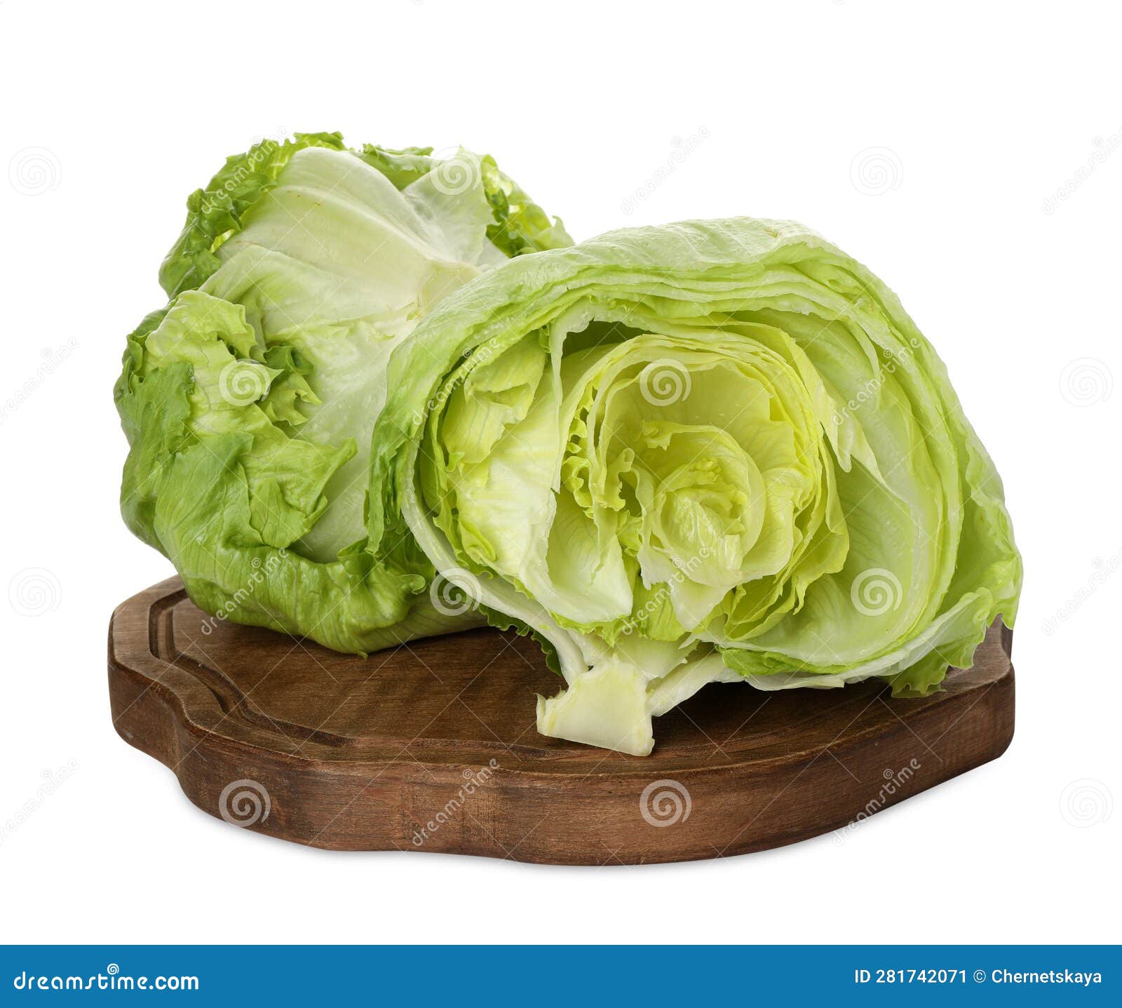 Whole and Cut Fresh Green Iceberg Lettuces Isolated on White Stock