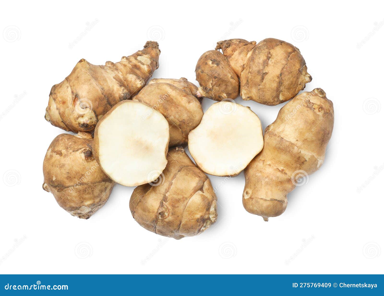 Whole and Cut Jerusalem Artichokes Isolated on White, Top View Stock