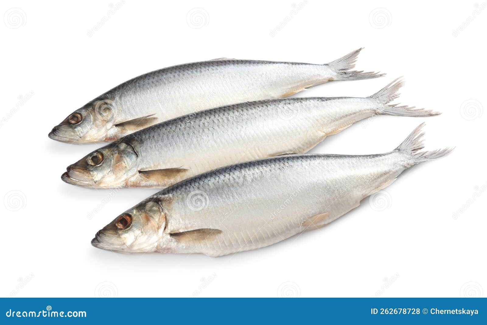 Whole Delicious Salted Herrings Isolated on White Stock Photo Image