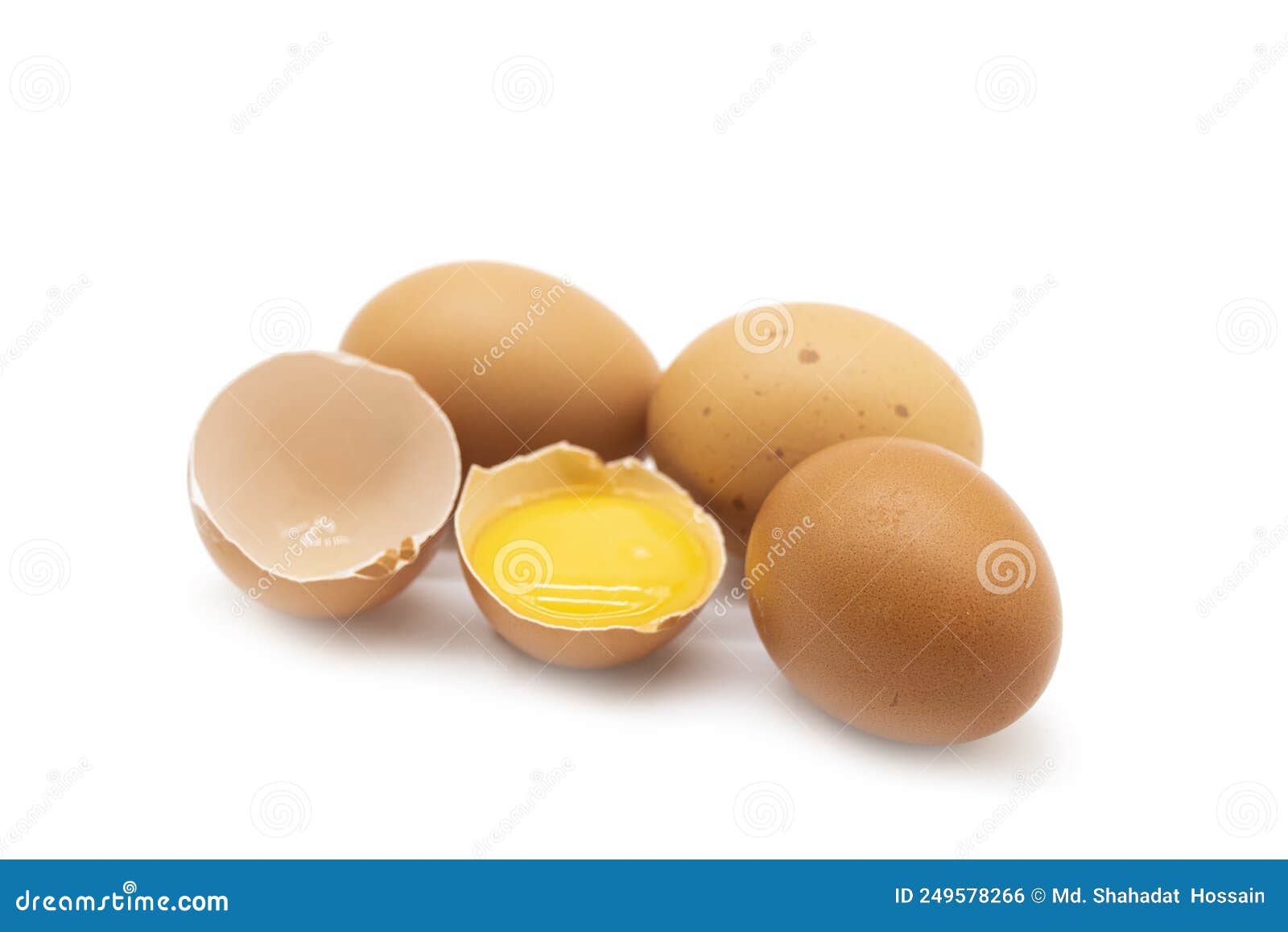 Whole Eggs and One Broken Isolated on a White Background Stock Photo