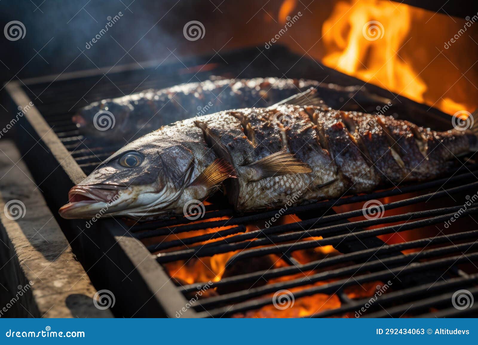 A Whole Fish Grilling on an Open Charcoal Grill Stock Image Image of