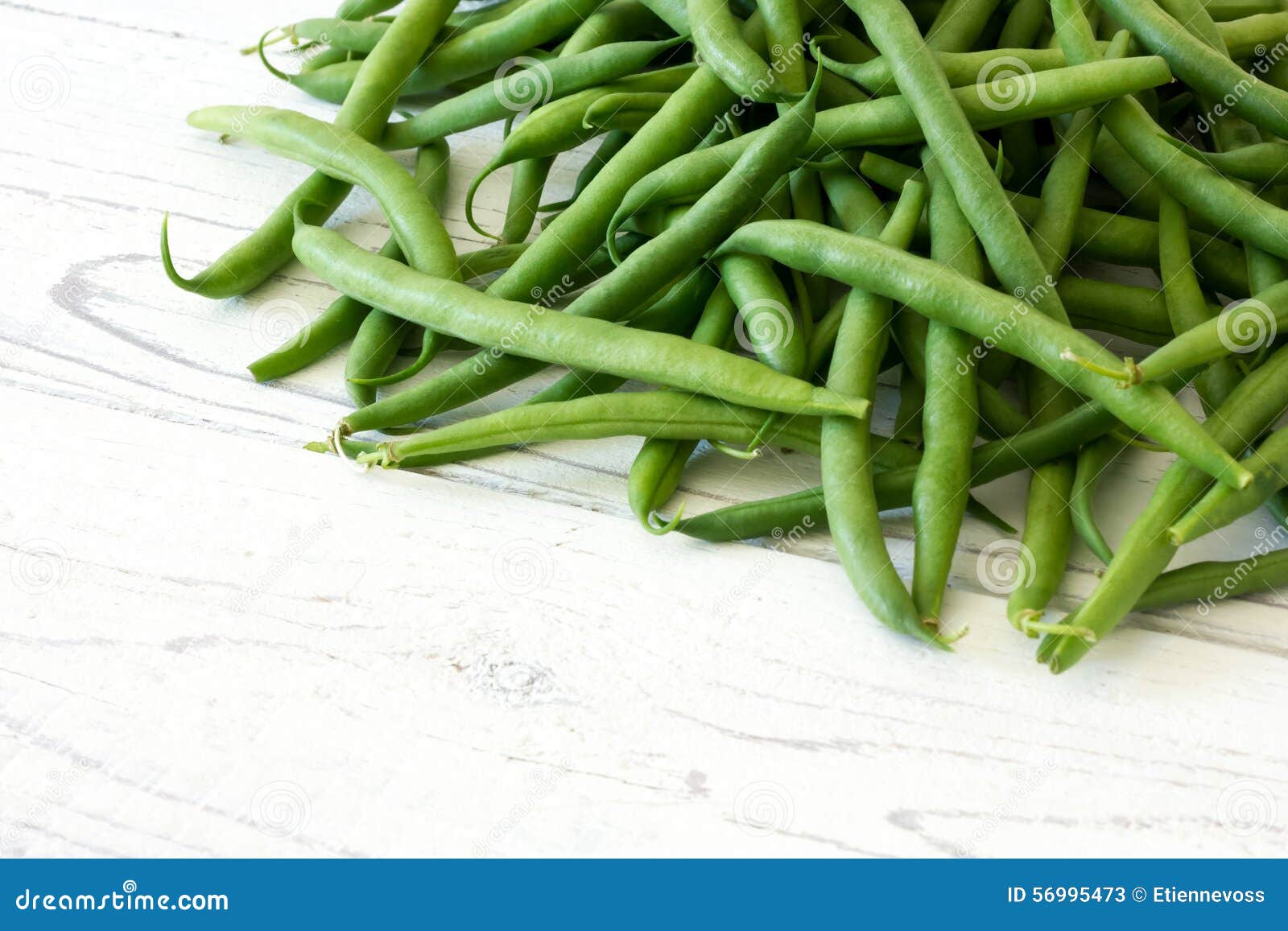 Whole French Green String Beans on White Rustic Wood. Space for Stock ...