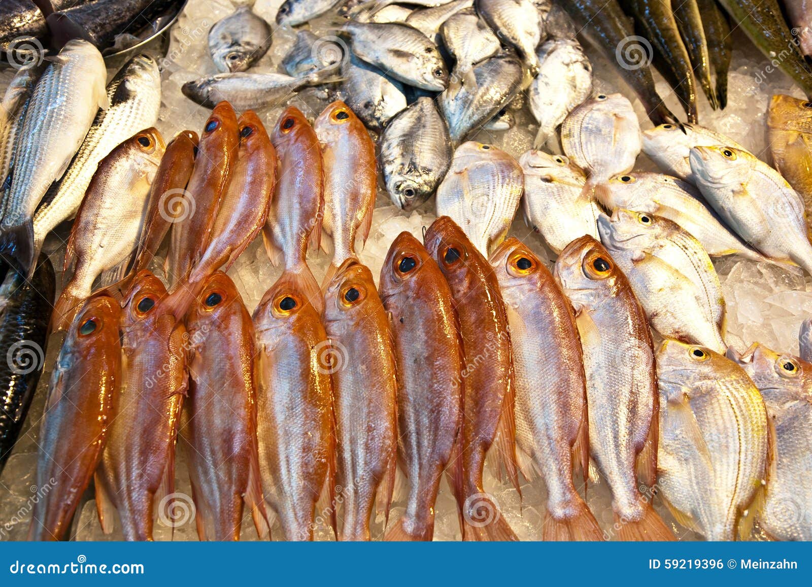 Whole Fresh Fishes Are Offered In The Fish Market In Asia Stock Photo