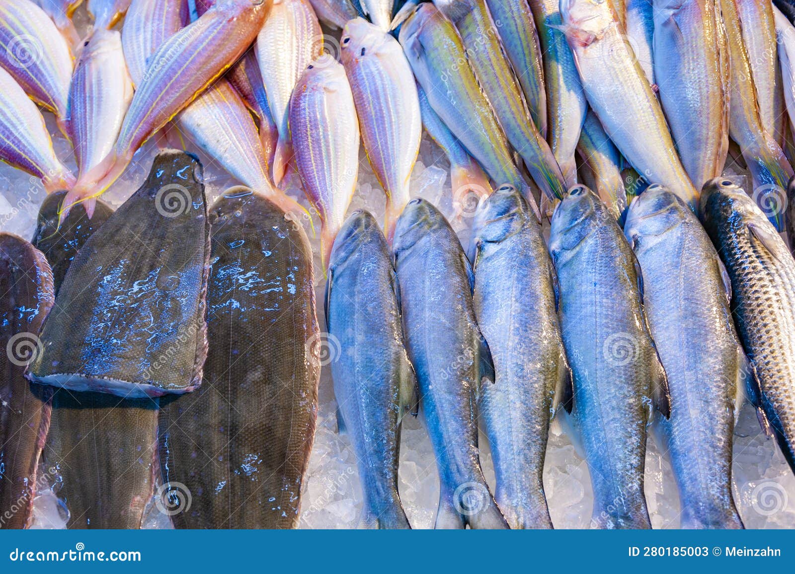 Whole Fresh Fishes Are Offered In The Fish Market In Asia Stock Image