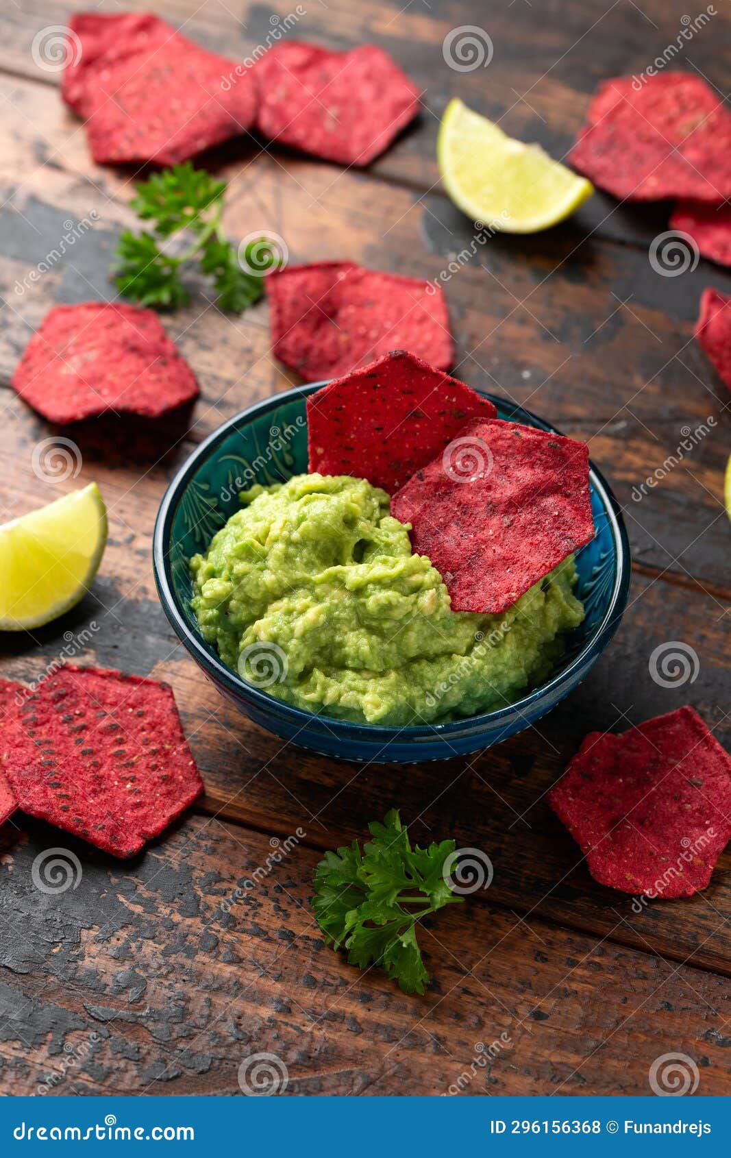 Whole Grain Beetroot Crackers with Avocado Guacamole Dip Stock Photo