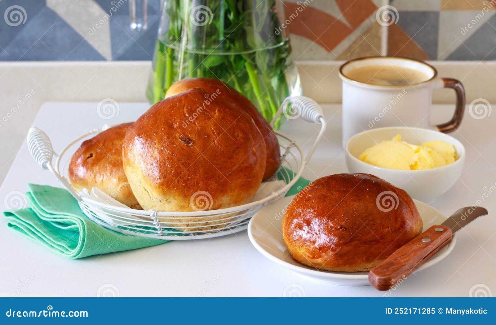 Whole Grain Breakfast, Rolls, Served with Butter Stock Image Image of