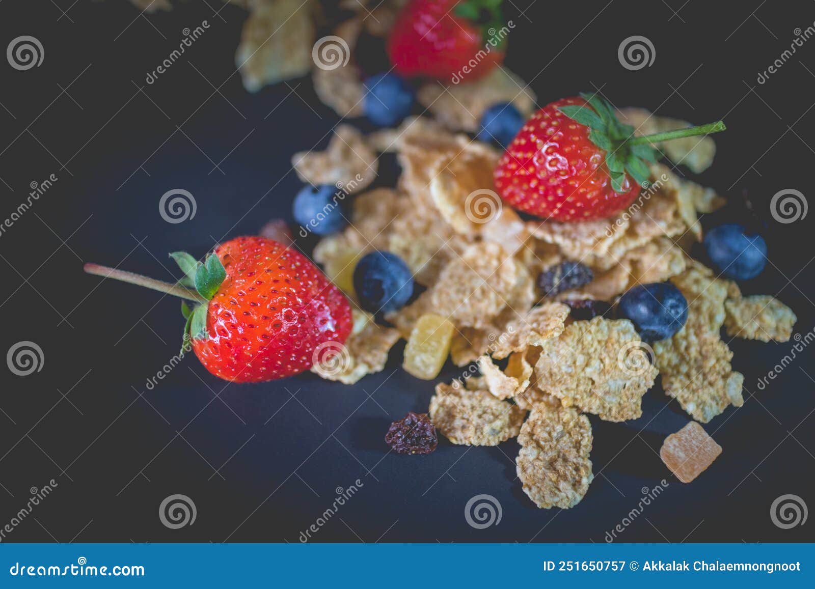 Whole Grain Cereal Flakes Which Mixed Berry Fruit and Raisins Stock