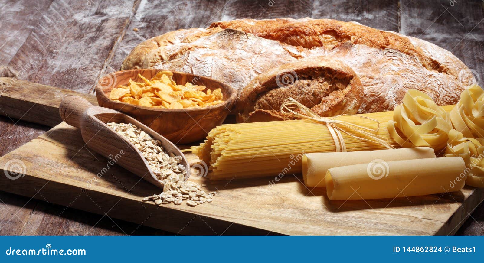 Whole Grain Products with Complex Carbohydrates on Table Stock Photo