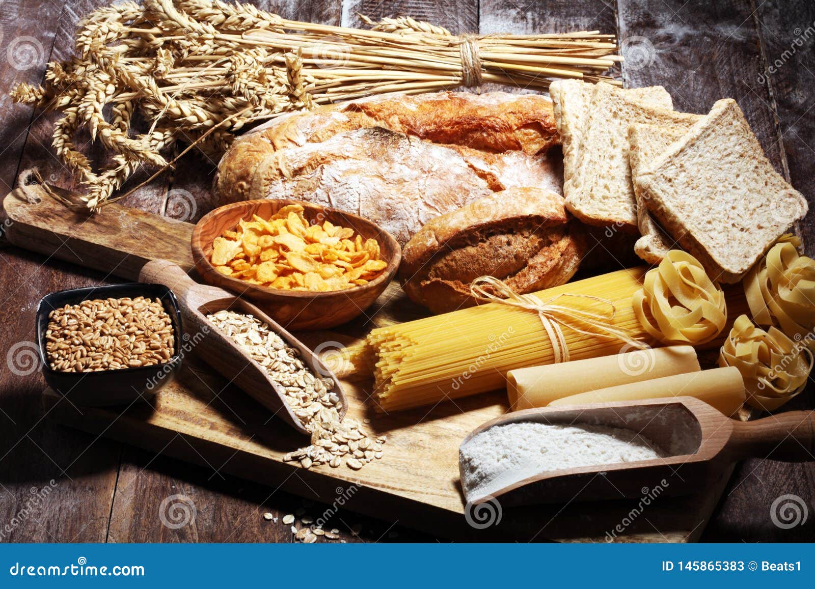 Whole Grain Products with Complex Carbohydrates on Table Stock Image