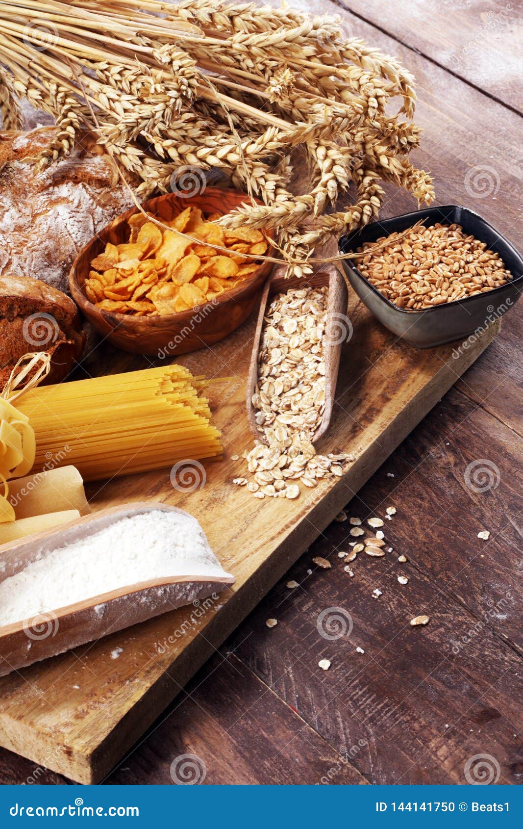 Whole Grain Products with Complex Carbohydrates on Table Stock Photo