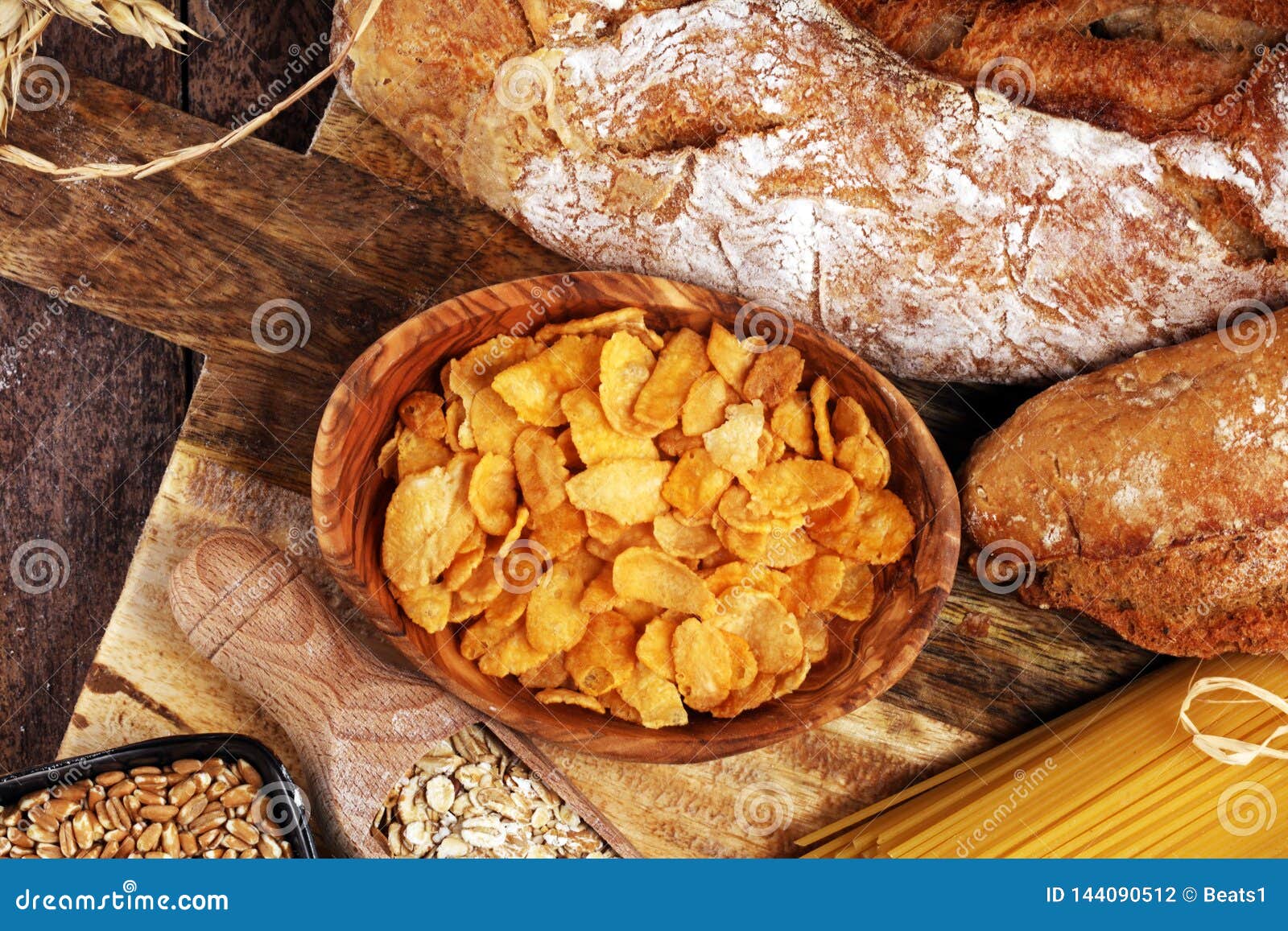 Whole Grain Products with Complex Carbohydrates on Table Stock Photo