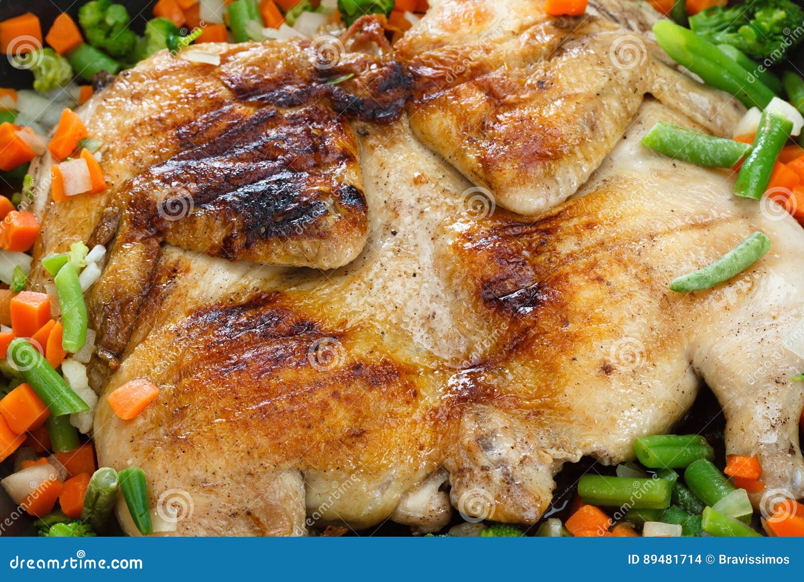 Whole Grilled Chicken with Vegetables in a Frying Pan Stock Photo Image of meat, onion 89481714