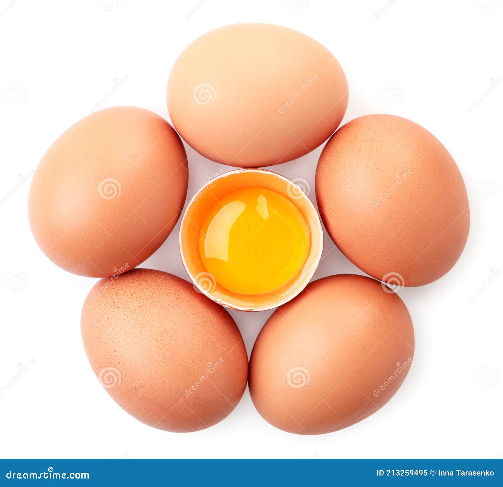 Whole and Half Brown Eggs on a White Background, Isolated. Top View