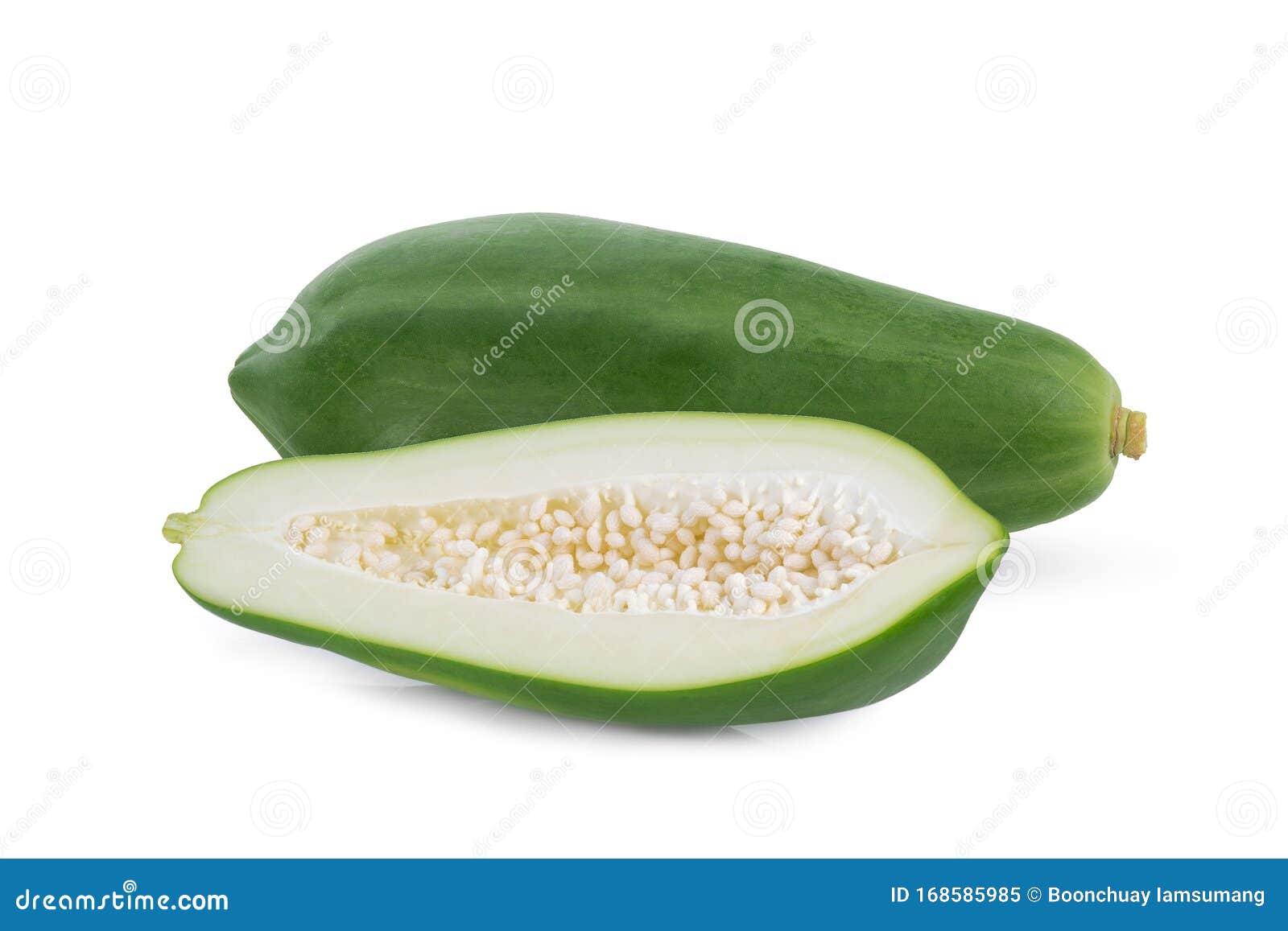Whole and Half Green Papaya Isolated on White , Flat Lay, Top View