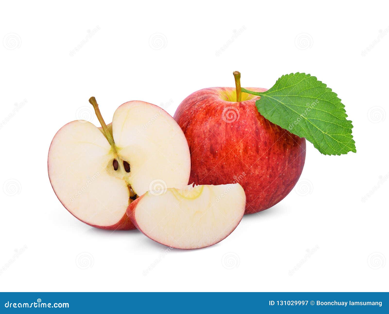 Whole and Half Red Gala Apple with Green Leaf Isolated on White Stock