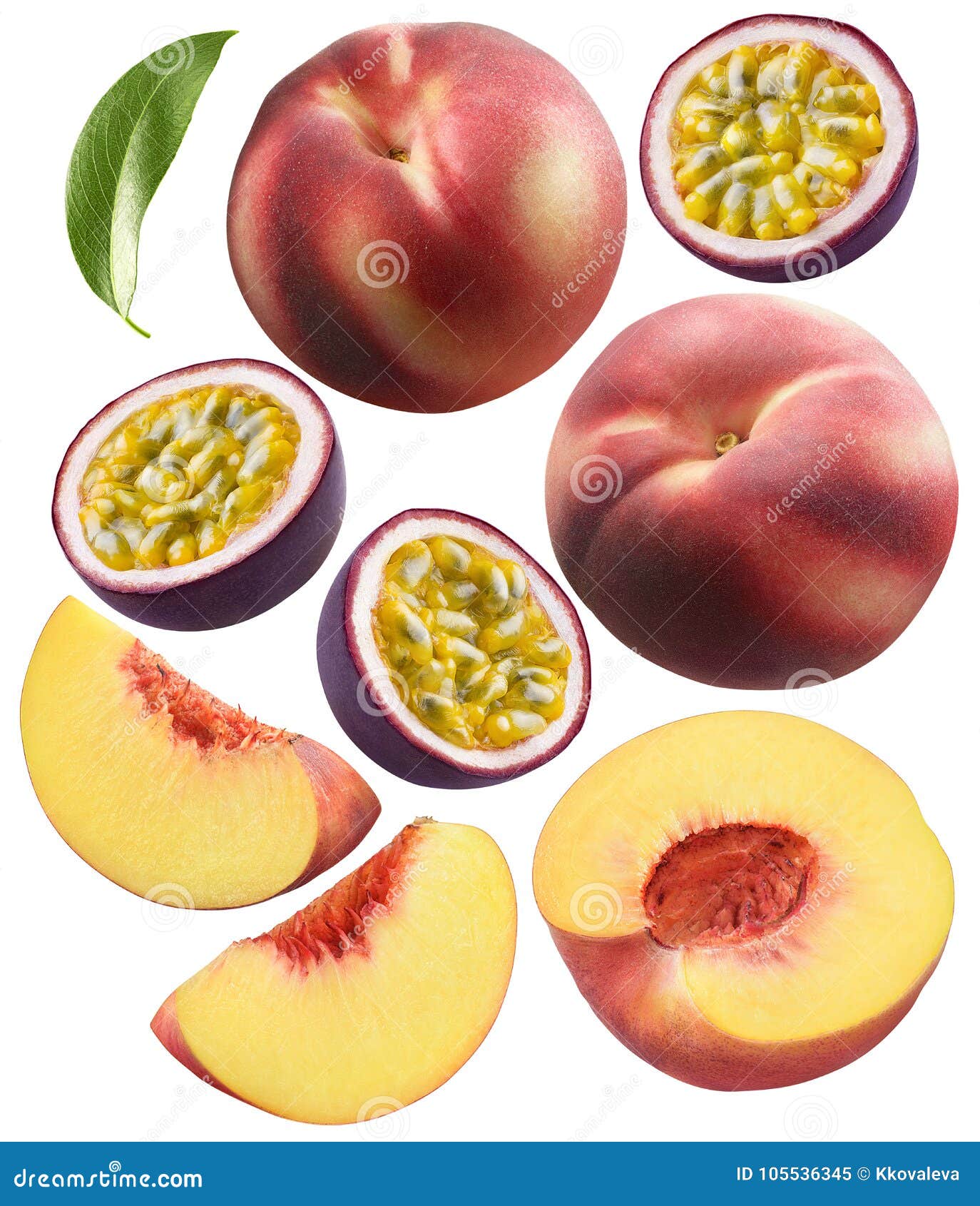 Whole Peaches and Passion Fruit Pieces Set Isolated on White Stock